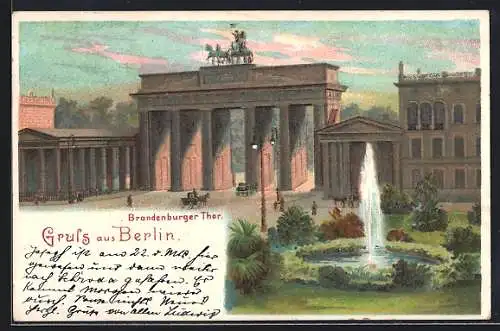 Lithographie Berlin, Brandenburger Tor, Brunnen, Pferdekutschen