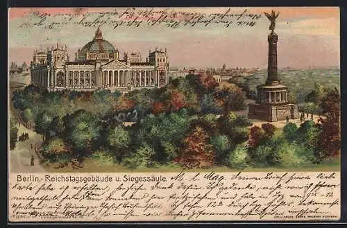 Lithographie Berlin-Tiergarten, Reichstagsgebäude u. Siegessäule