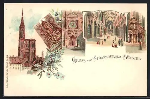 Lithographie Strassburg, Innen- & Aussenansichten des Münster