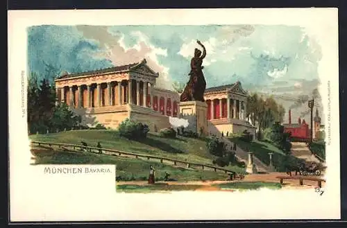 Lithographie München, Blick zur Ruhmeshalle und Bavaria