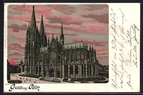 Lithographie Köln, Dom bei Sonnenuntergang