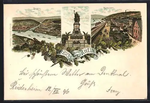 Lithographie Rüdesheim / Rhein, Strassenpartie am Rheinufer, Niederwalddenkmal, Bingen