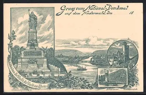 Lithographie Bingen, Germania-Denkmal auf dem Niederwald, Burg Ehrenfels