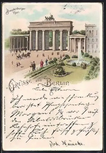 Lithographie Berlin, Brandenburger Tor mit Fontäne