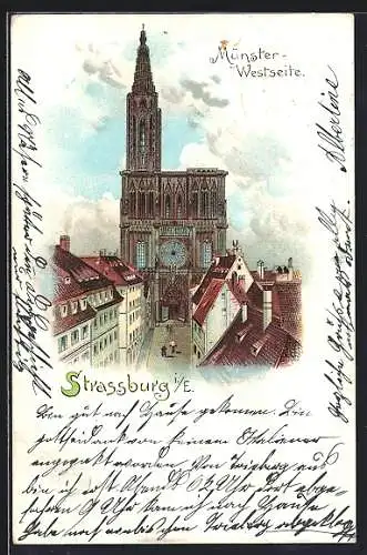 Lithographie Strassburg i. E., Münster von der Westseite