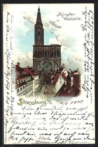 Lithographie Strassburg i. E., Münster von der Westseite