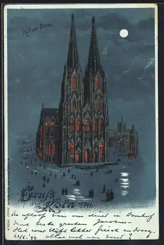 Lithographie Köln, Der Dom mit beleuchteten Fenstern