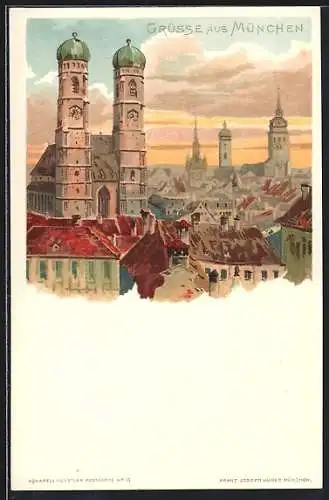 Lithographie München, Teilansicht mit Frauenkirche