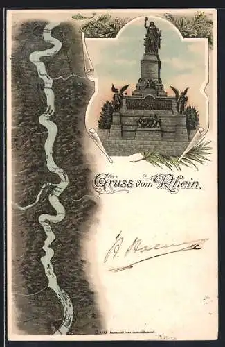 Lithographie Rüdesheim am Rhein, Niederwald-Denkmal, Rheinpartie mit Bonn, Engers und Lülsdorf