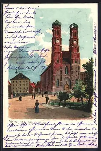 Lithographie München, Passanten bei der Frauenkirche