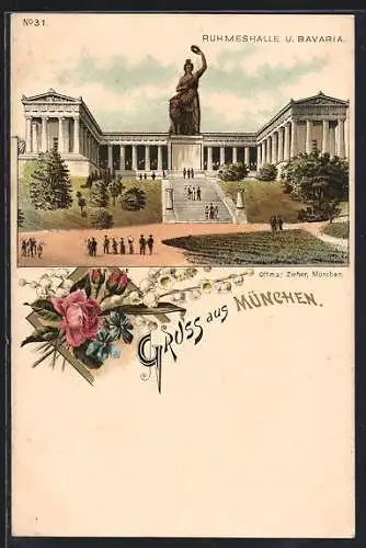 Lithographie München, Ruhmeshalle und Bavaria