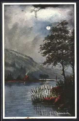 Künstler-AK Brüder Kohn (B.K.W.I) Nr. 394-2: Uferlandschaft bei Mondschein