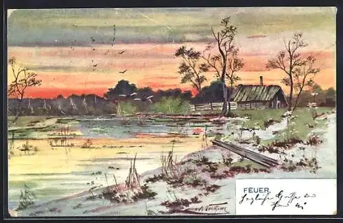 Künstler-AK Brüder Kohn (B.K.W.I) Nr. 734-1: Feuer, Landschaft mit leuchtendem Himmel