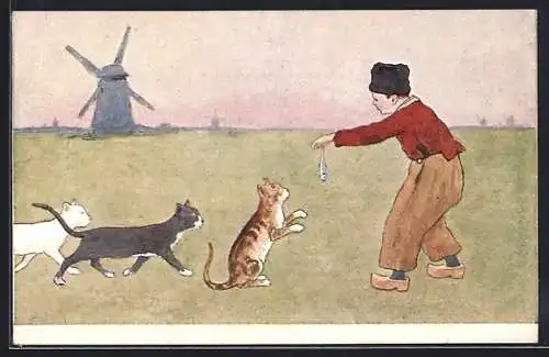 Künstler-AK Brüder Kohn (B.K.W.I) Nr. 648-6: Junge lockt Katzen mit Fisch auf einer Wiese mit Windmühle