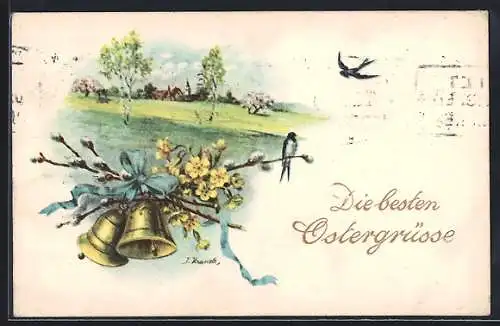 Künstler-AK Brüder Kohn (B.K.W.I) Nr. 4726-2: Landschaft mit Glocken an Zweigen, Ostergruss