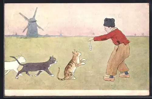 Künstler-AK Brüder Kohn (B.K.W.I) Nr. 648-6: Junge lockt Katzen mit Fisch auf einer Wiese mit Windmühle