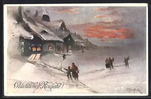 Künstler-AK Brüder Kohn (B.K.W.I) Nr. 3037-6: Winterliche Landschaft mit Wanderern, Neujahrsgruss