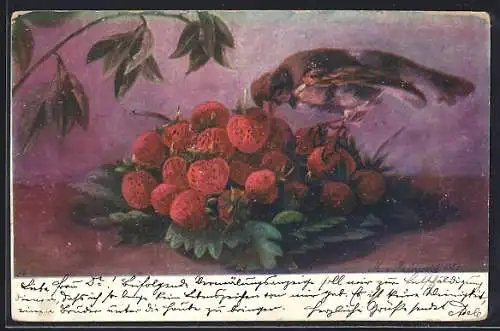 Künstler-AK Brüder Kohn (B.K.W.I) Nr. 673-5: Stillleben mit Vogel auf Erdbeeren