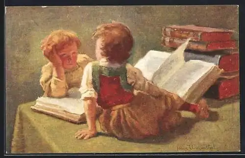 Künstler-AK Brüder Kohn (B.K.W.I) Nr. 2167: Ein interessantes Kapitel, zwei Kinder mit Büchern