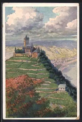 Künstler-AK Cochem, Blick zur Burg