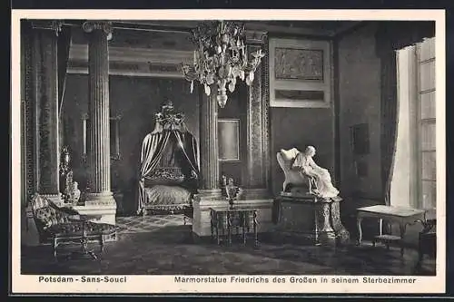 AK Potsdam, Schloss Sanssouci, Marmorstatue Friedrichs des Groen in seinem Sterbezimmer