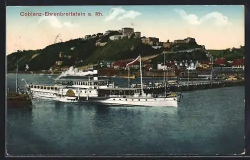 AK Coblenz-Ehrenbreitstein, Blick zur Burg und Rhein mit Dampfer