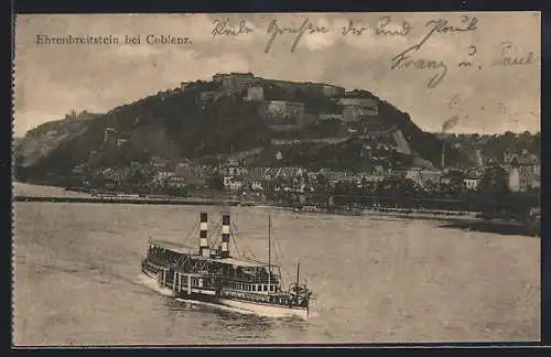 AK Ehrenbreitstein bei Coblenz, Dampfer auf dem Rhein