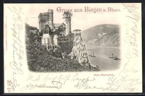 AK Bingen a. Rhein, Burg Rheinstein und Blick auf den Fluss