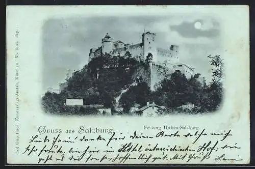 Mondschein-AK Salzburg, Festung Hohen-Salzburg bei Nacht