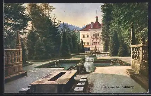 AK Hellbrunn bei Salzburg, Park und Teich mit Statuen