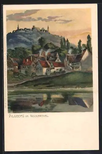 AK Dilsberg i. Neckarthal, Uferpartie mit Wohnhäusern
