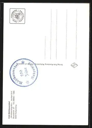 AK Ruhpolding, Café Mühlbauernhof, Bes. Jochen Grill, Aussenansicht und Windbeutel