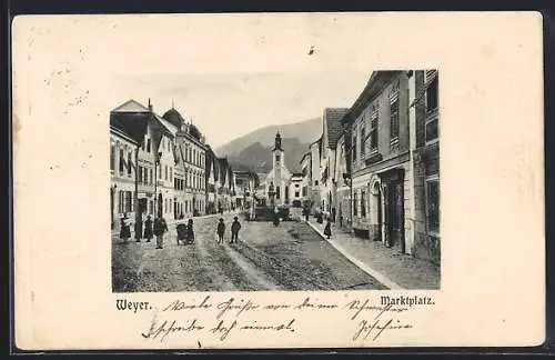 AK Weyer, Marktplatz mit Brunnen und Kirche