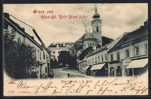 AK Wien, Ober St. Veit, Strassenpartie mit Pfarrkirche z. h. Veit und Geschäften