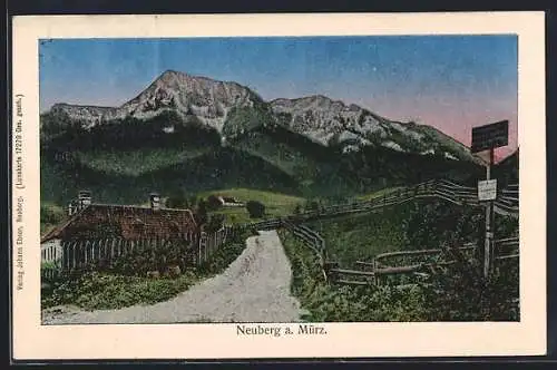 Luna-AK Neuberg a. Mürz, Landstrasse mit Gebäude und Bergpanorama