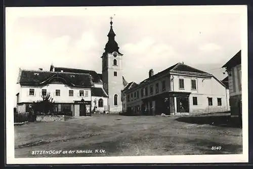 AK Sitzendorf an der Schmida, Marktplatz mit Kirche u. Geschäftshaus Johann Lang