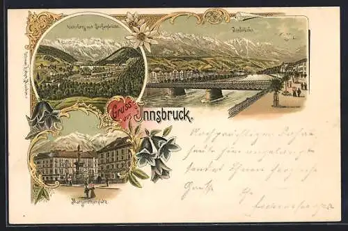 Lithographie Innsbruck, Unterberg mit Stefansbrücke, Margarethenplatz, Totalansicht