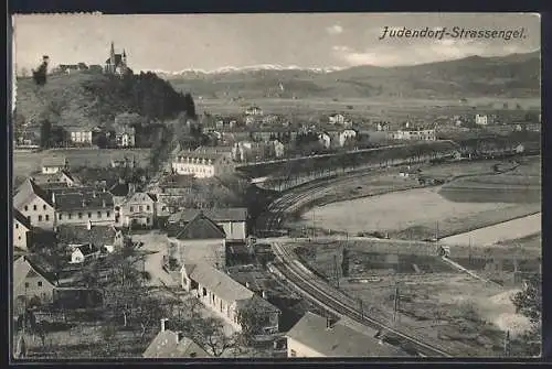 AK Judendorf-Strassengel, Totalansicht mit Bahnhof und Kirche aus der Vogelschau