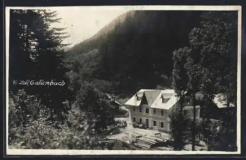 AK Kleinzell, Guttenbach, Gasthaus Guttenbach mit Gästen u. Holzlager aus der Vogelschau