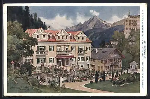 Künstler-AK Edward Harrison Compton: Badgastein, Ludwig Schurk`s Miet- und Badehaus Grabenbäckerquelle