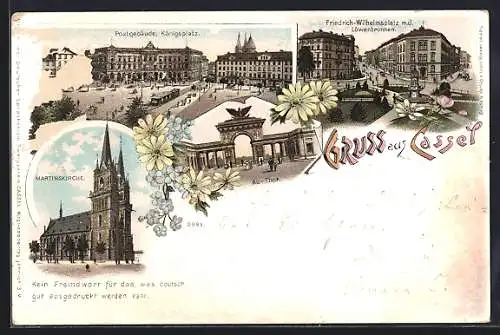 Lithographie Kassel, St. Martinskirche, Postgebäude am Königsplatz, Friedrich-Wilhelmsplatz mit Löwenbrunnen