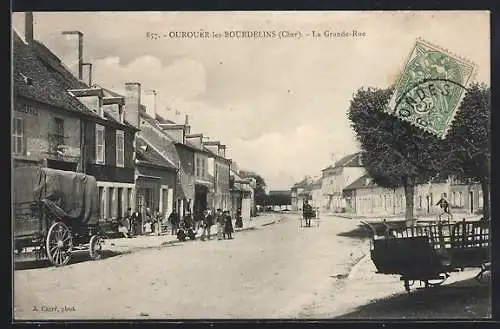 AK Ourouer-les-Bourdelins, La Grande-Rue animée avec charrettes et passants