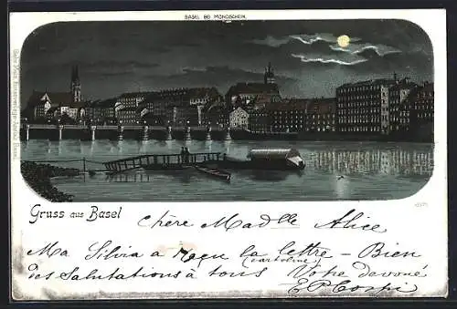 Lithographie Basel, Panorama mit Rheinbrücke