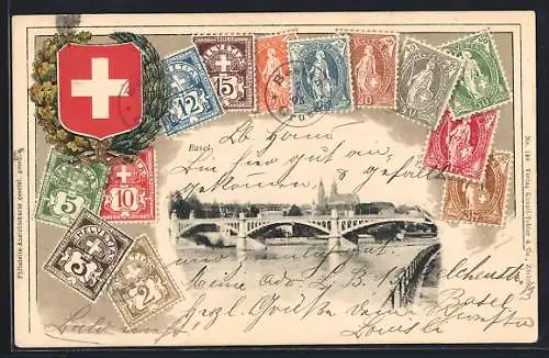 AK Basel, Stadt mit Brücke, Schweizer Briefmarken und Wappen