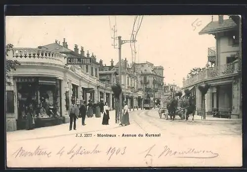 AK Montreux, Avenue du Kursaal, Strassenbahn und Fuhrwerk