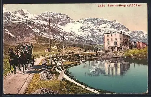 AK Bernina-Hospiz, Ortsansicht mit Bergpanorama