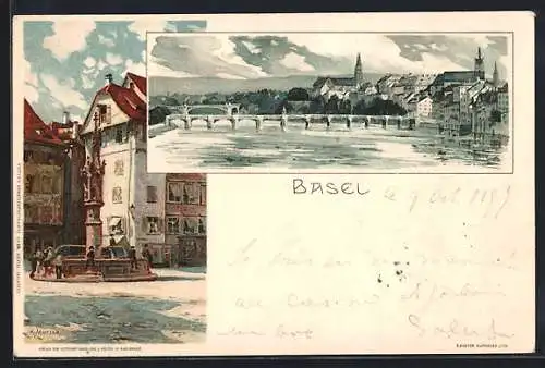 Künstler-Lithographie Karl Mutter: Basel, Platz mit Säule, Blick zum Ort