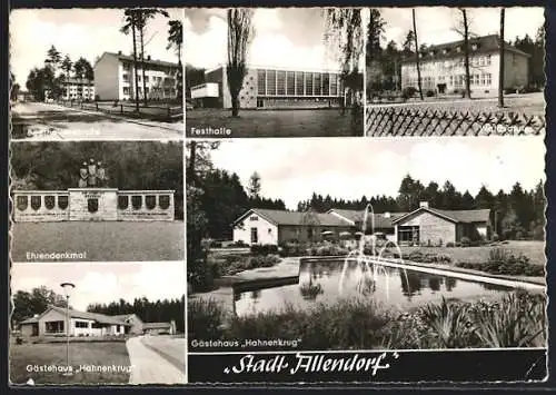 AK Allendorf / Schwalmstadt, Gasthaus Hahnenkrug, Waldschule, Beethovenstrasse Festhalle, Ehrendenkmal