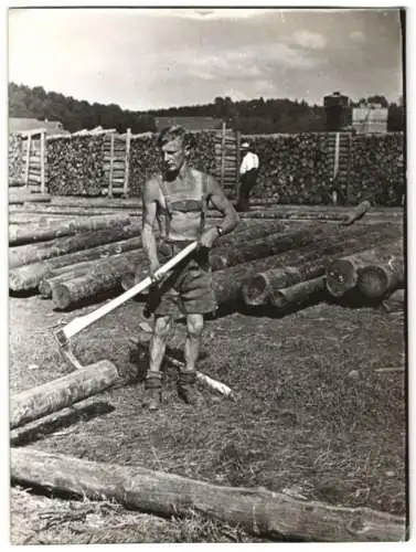 Fotografie Wilhelm Sturm, Ansicht Lenzing, Arbeiter der Zellwolle-Fabrik sortiert Langholz 1938