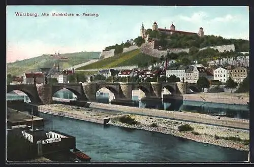 AK Würzburg, Alte Mainbrücke, mit Festung